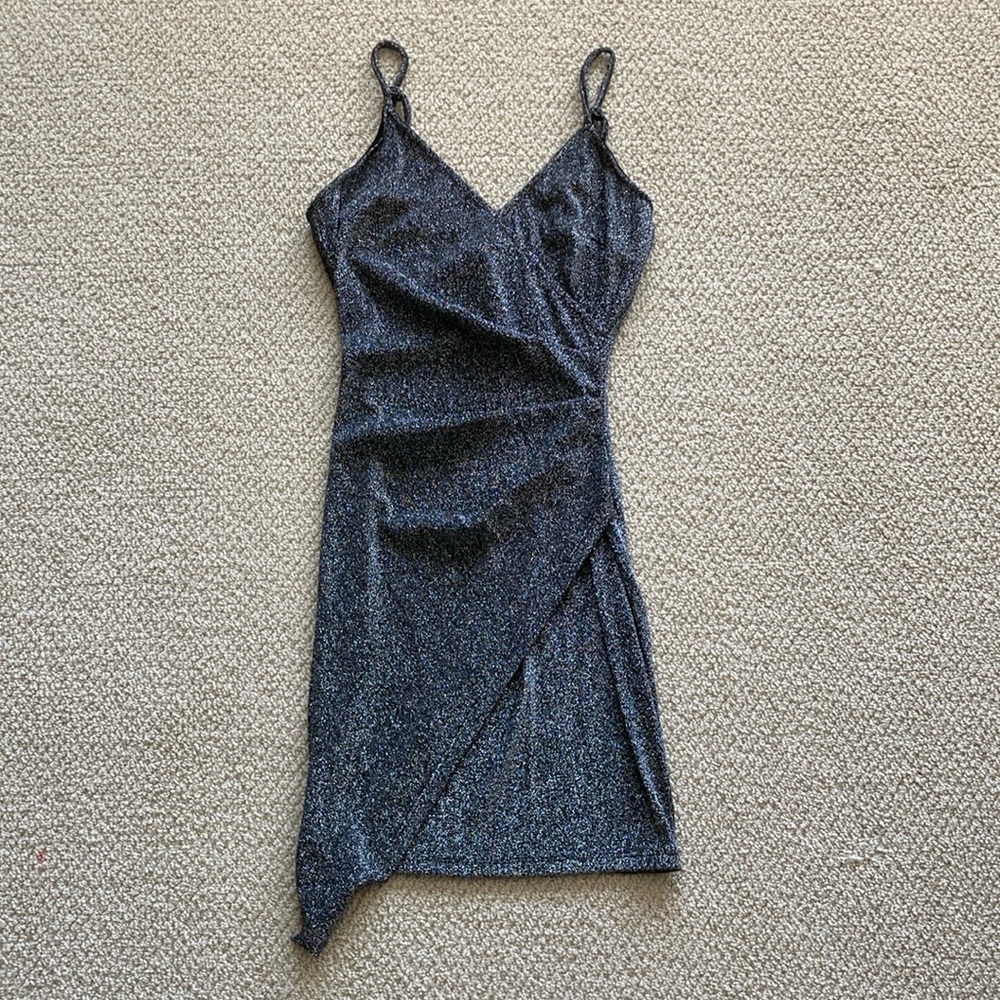 The Vintage Shop Shimmer Faux Wrap Bodycon Stretch Dress V-Neck Size Small EUC